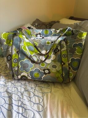 Thirty-One Gray & Green Floral Canvas Tote